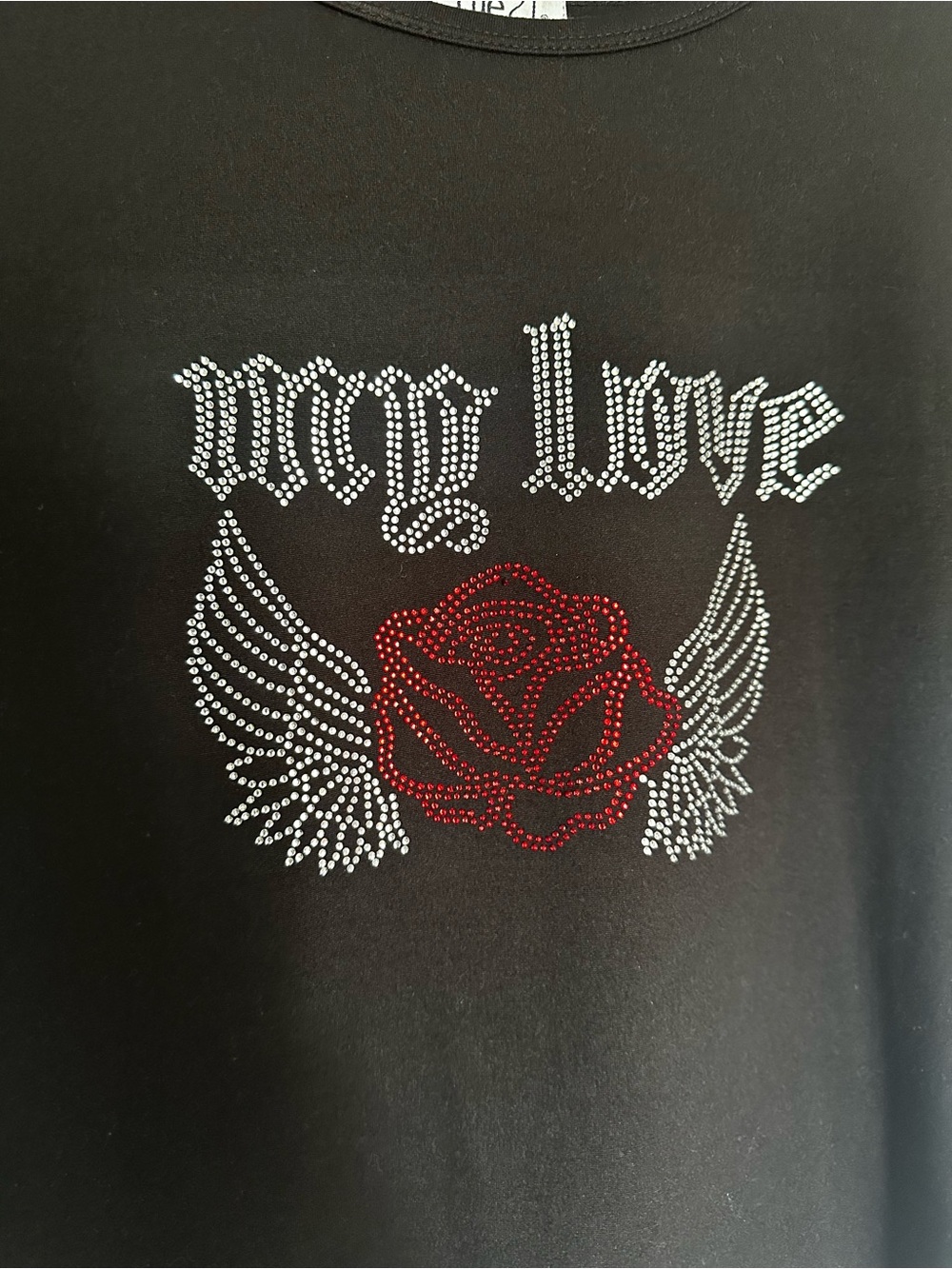 rue21 Black Tee with Red Rhinestone Rose & Silver Wing Graphic - Picture 2 of 4